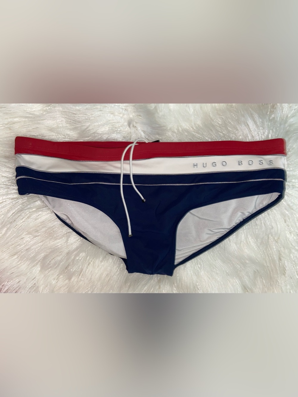 Hugo Boss Navy Red White Low-Rise Swim Trunks